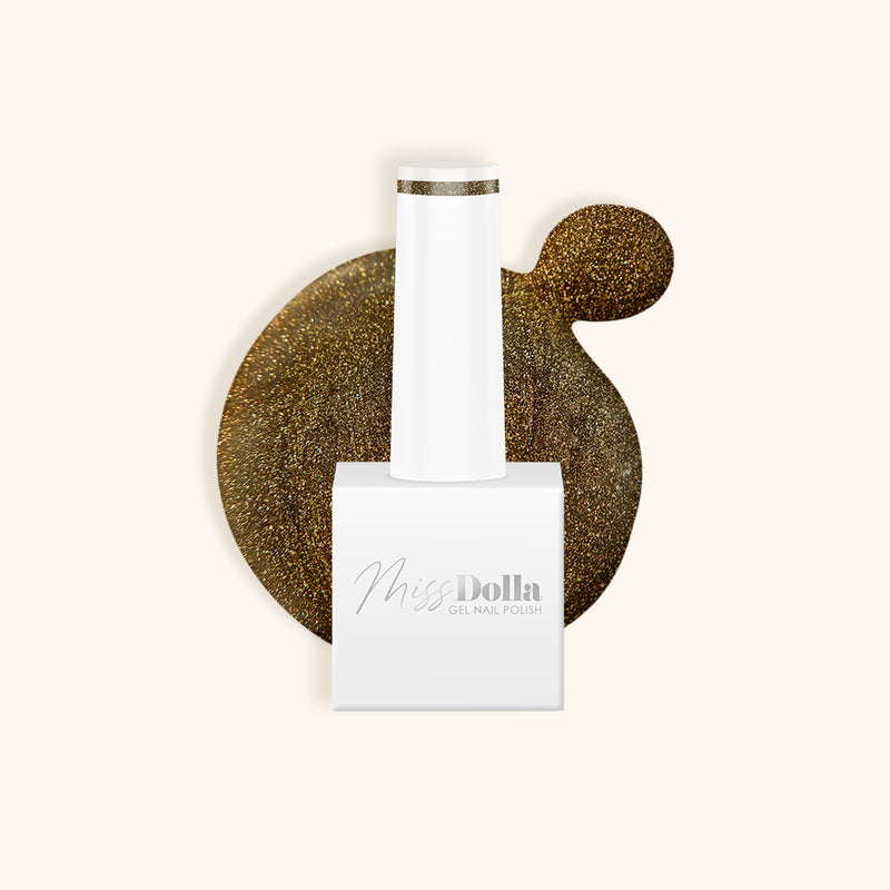 Bronze gel nail polish in a white bottle