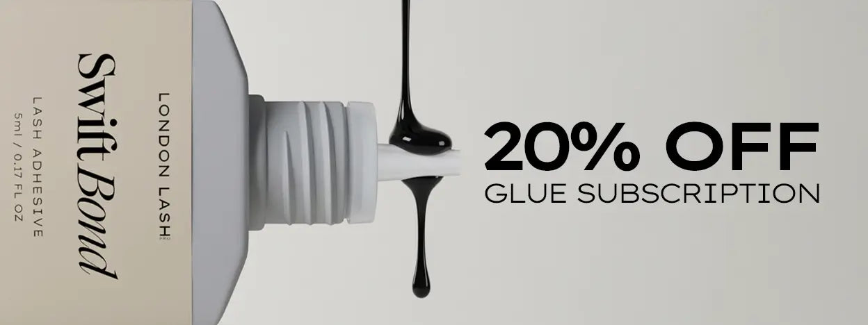 Lash glue subscription plan banner with 20% discount for lash artists