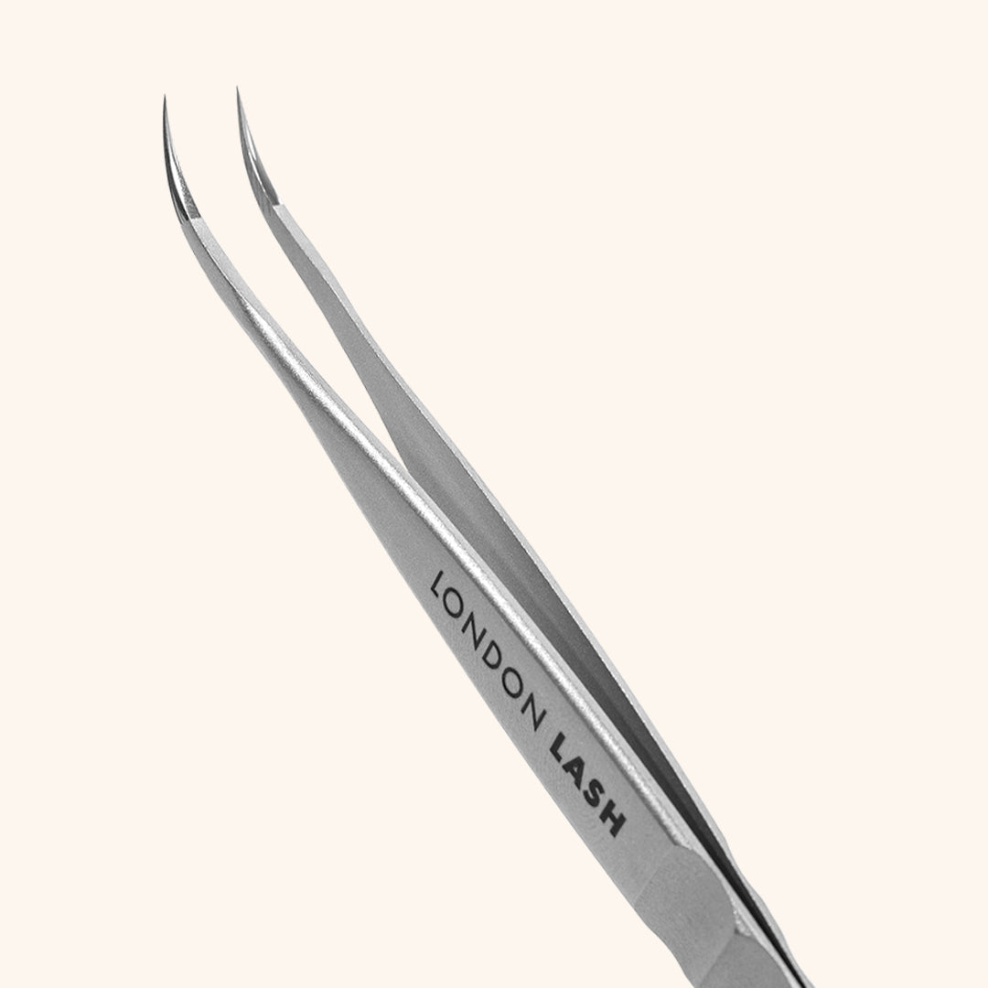 Curved tip lash tweezers with Staleks x London Lash Branding