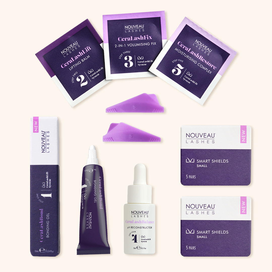 LVL CeraLashLift 15 Treatment Kit containing CeraLashBond Bonding Gel, CeraLashLift System (15 treatments), CeraLashBalance pH Reconstructor, and LVL Smart Shields Small.