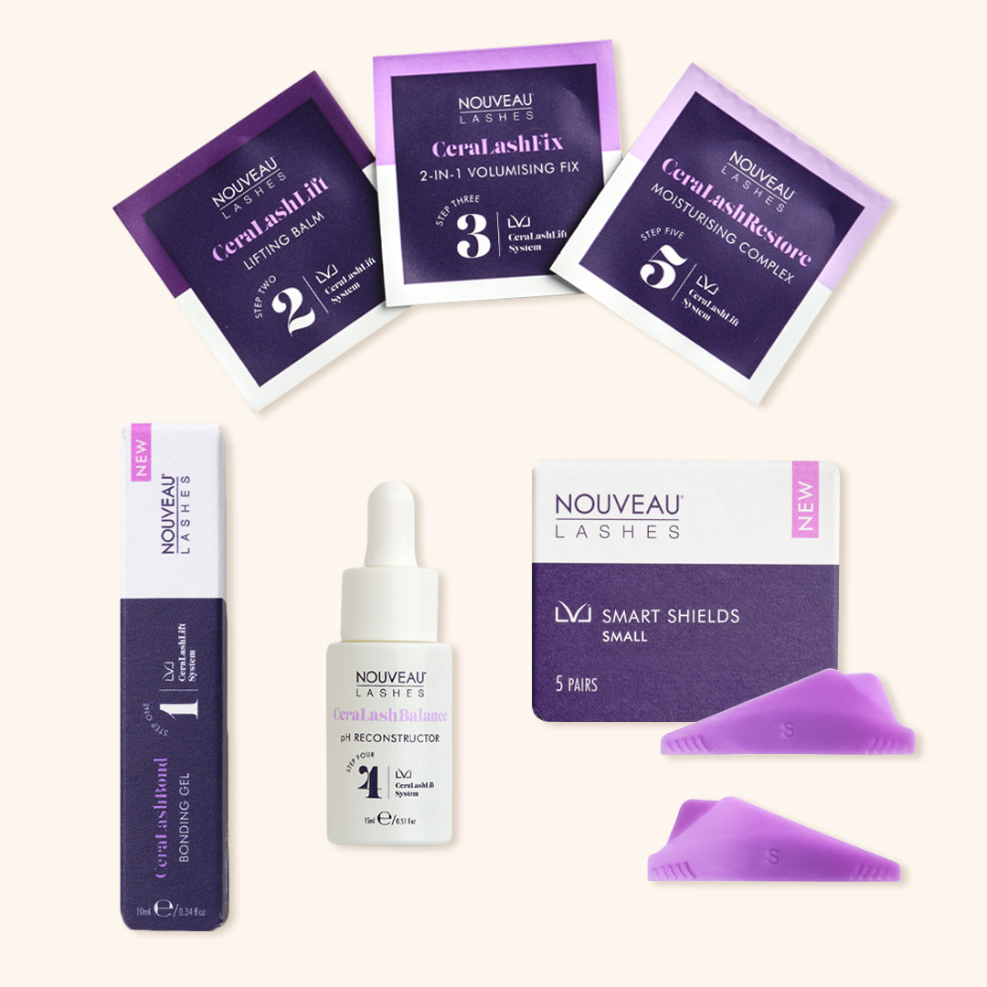 LVL CeraLashLift 5 Treatment Kit including CeraLashBond Bonding Gel, CeraLashLift System (5 treatments), CeraLashBalance pH Reconstructor, and LVL Smart Shields Small.