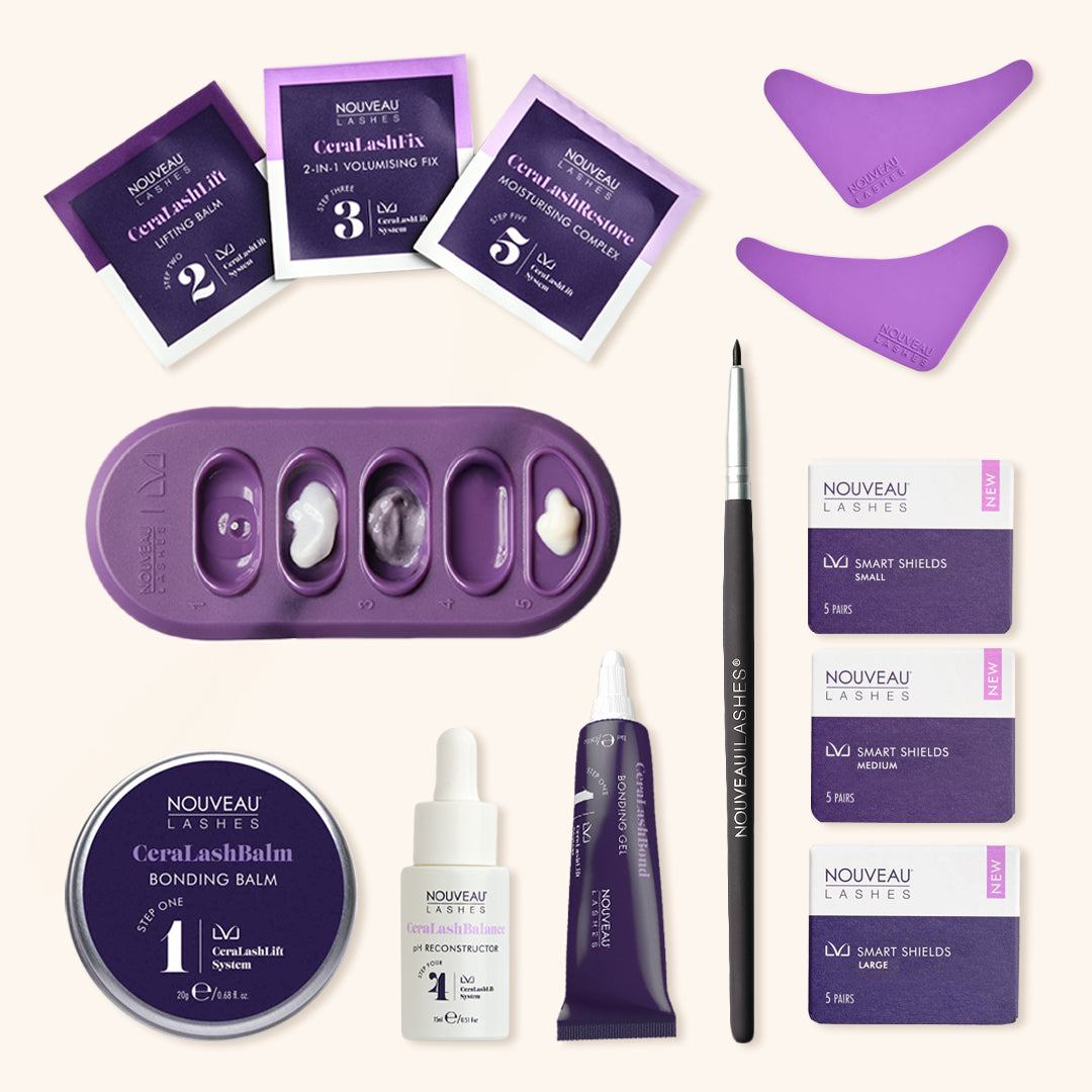 LVL Complete Kit with CeraLashBalm Bonding Balm, CeraLashBond Bonding Gel, CeraLashLift System (5 and 15 treatments), CeraLashBalance pH Reconstructor, LVL Smart Shields in Small, Medium, and Large, LVL Precision Applicator, LVL Artist Palette, and Silicone Under Eye Treatment Pads.