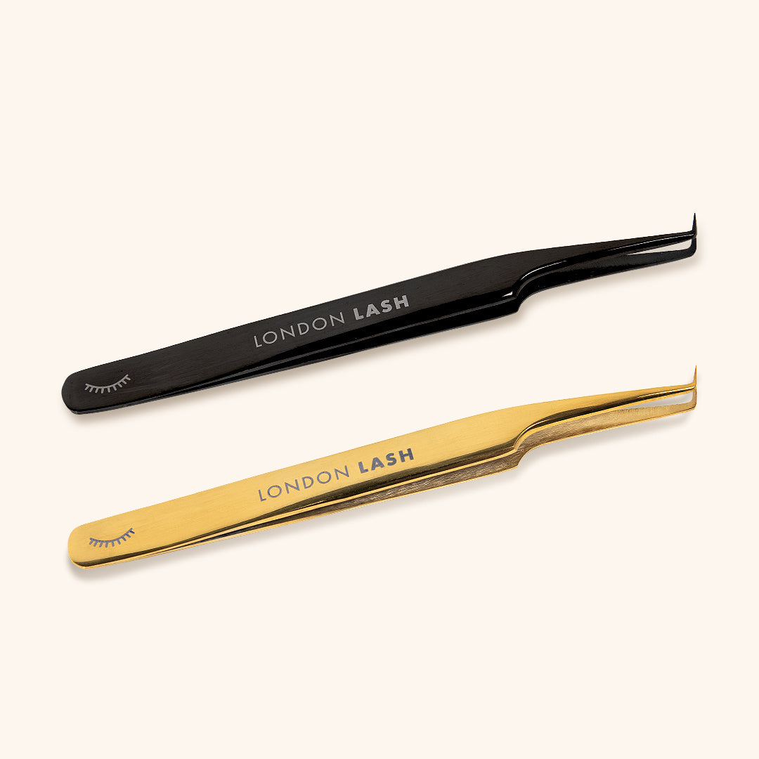 Ultra fine tip mega volume lash tweezers in black and gold