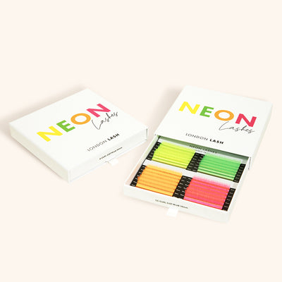 Neon eyelash extensions in white and neon packaging