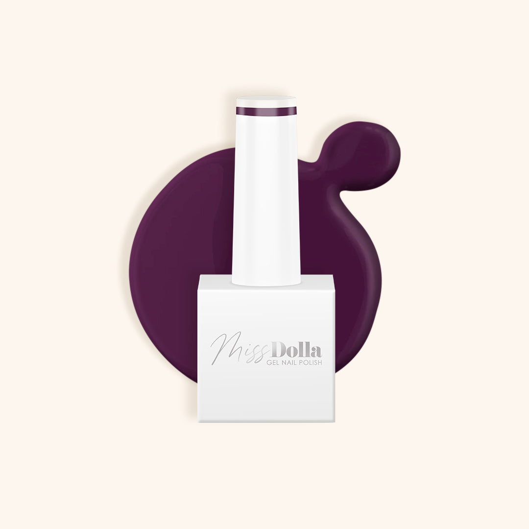 Dark purple gel nail polish in a white bottle