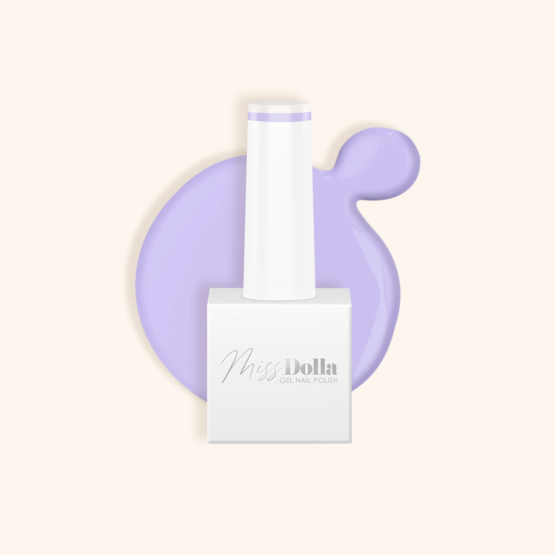 Pastel lilac gel nail polish in white bottle