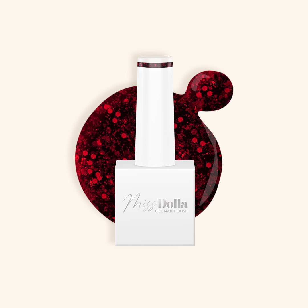 Deep red shimmer gel nail polish in a white bottle