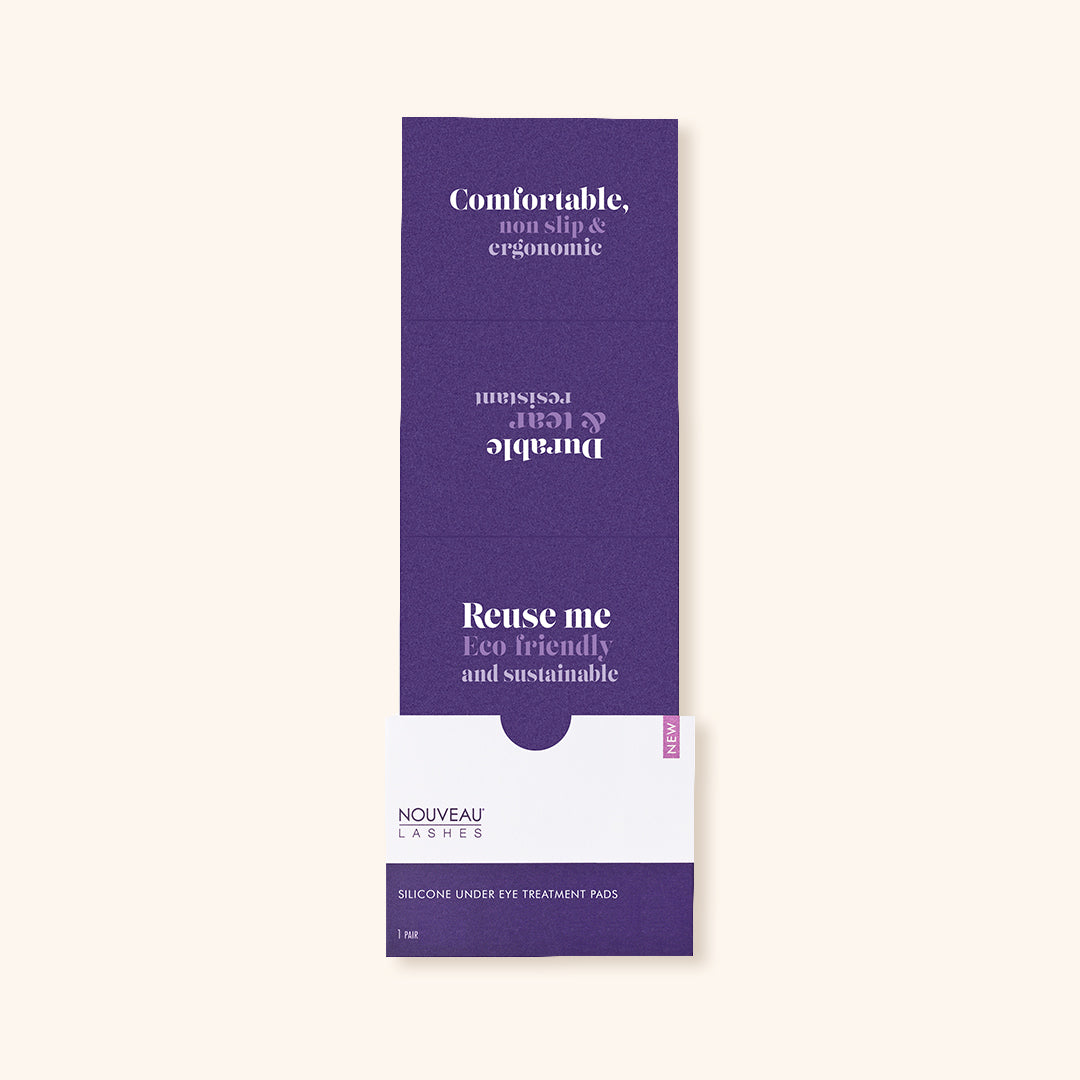 Nouveau Lashes Silicone Under Eye Pads packaging, comfortable and eco-friendly treatment pads.