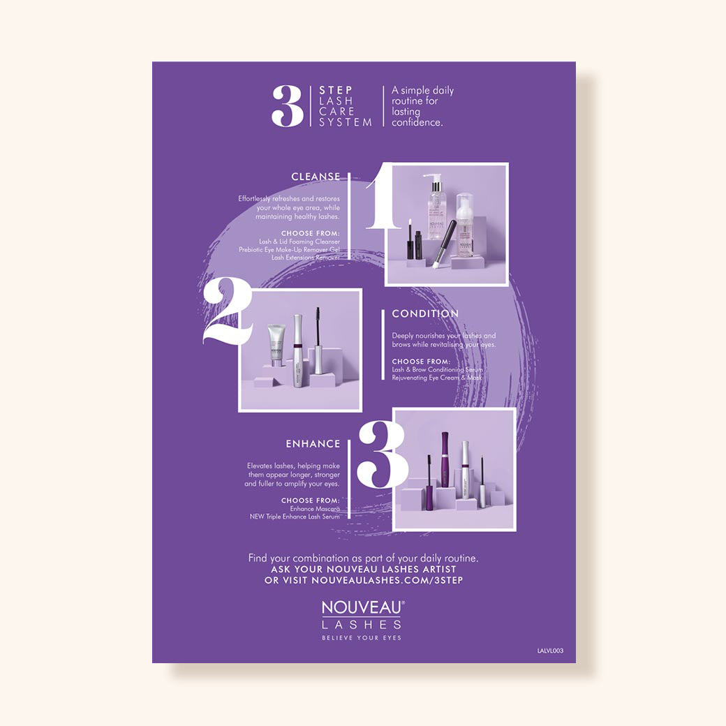 Lash Aftercare Cards detailing the 3 step lash care system from Nouveau Lashes for optimal lash maintenance.