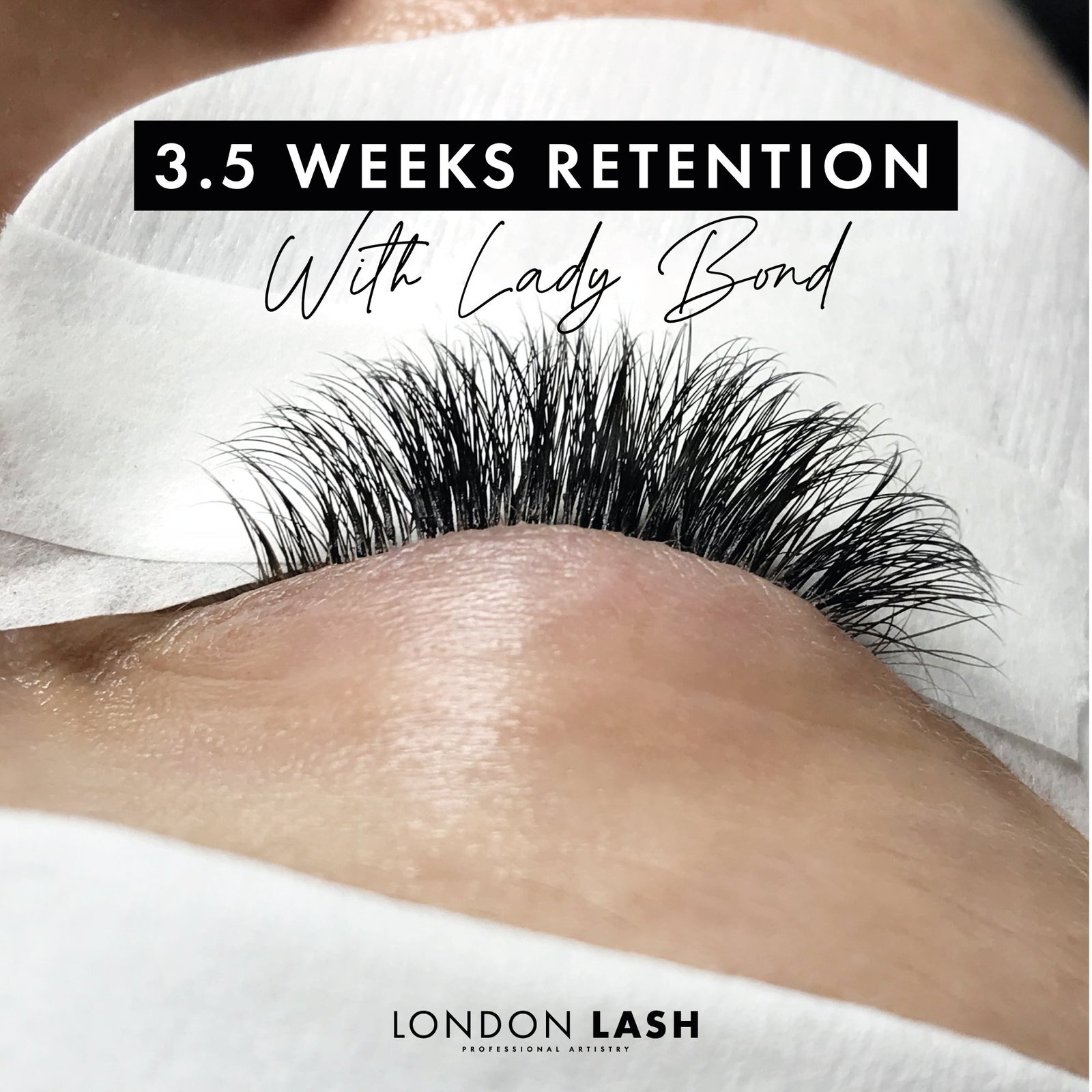 3.5 weeks retention of eyelashes with Lady Bond Eyelash Extension Adhesive demonstrated on a model's eyes.