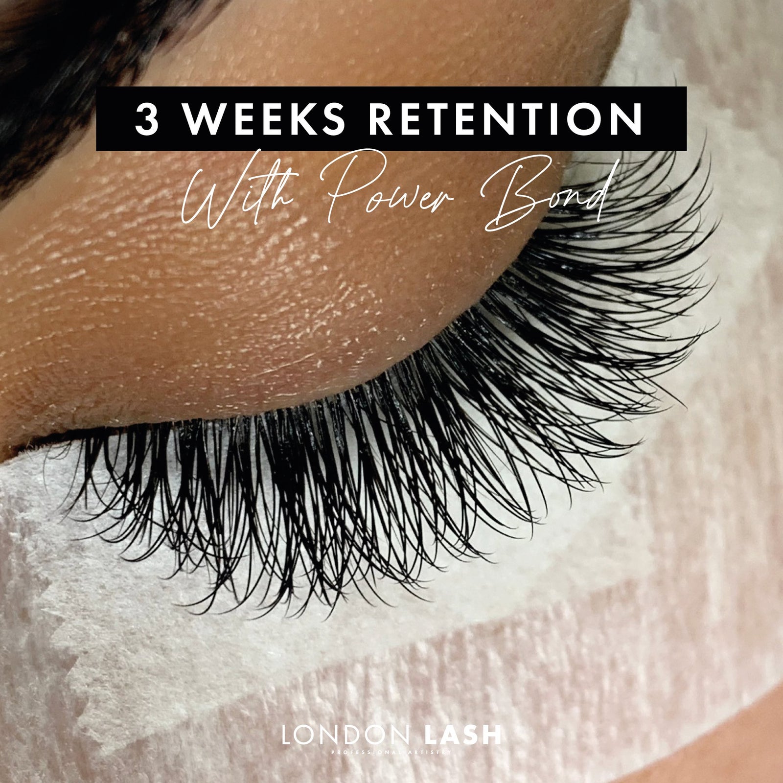 Close-up of eyelash extensions showing 3 weeks retention with Power Bond lash glue.