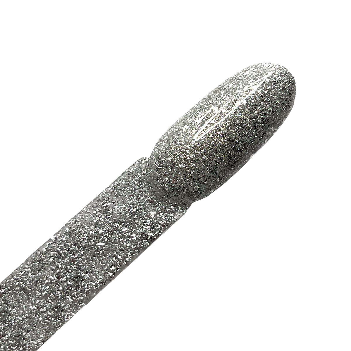 Silver gel nail polish with shimmer on a nail swatch stick