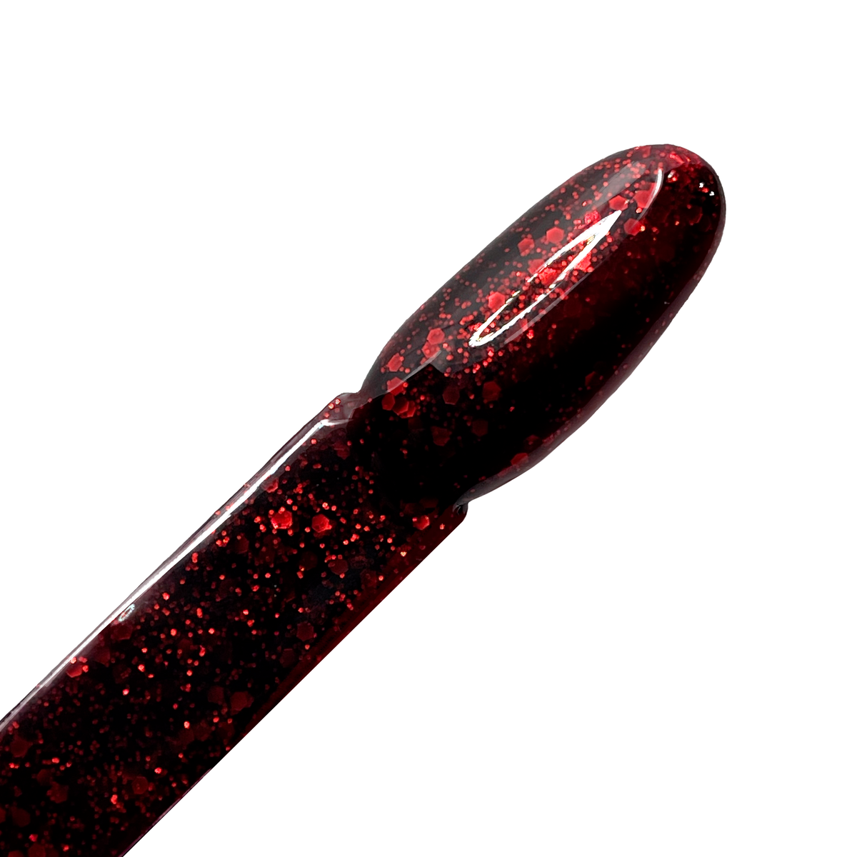 Dark red shimmer gel nail polish on a nail swatch stick