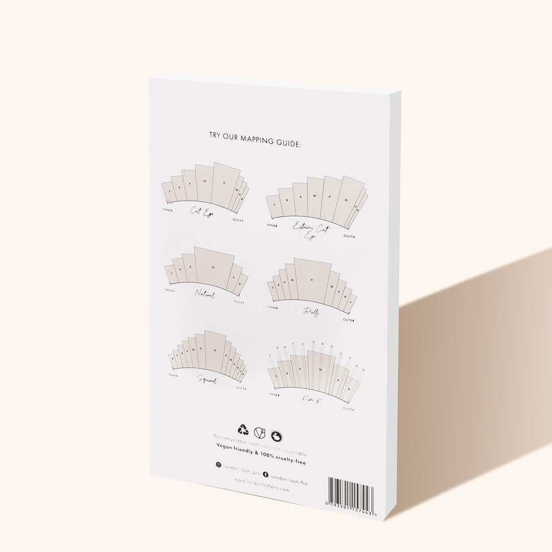 5D volume lash fans in packaging with lash map illustrations