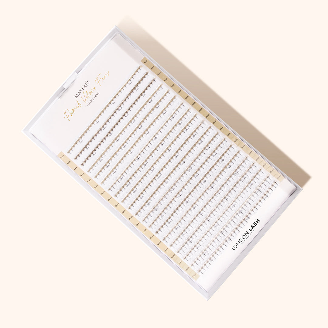 Premade lash fans in white and gold packaging