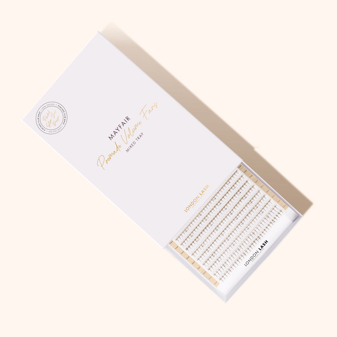 Premade lash extension in white and gold packaging