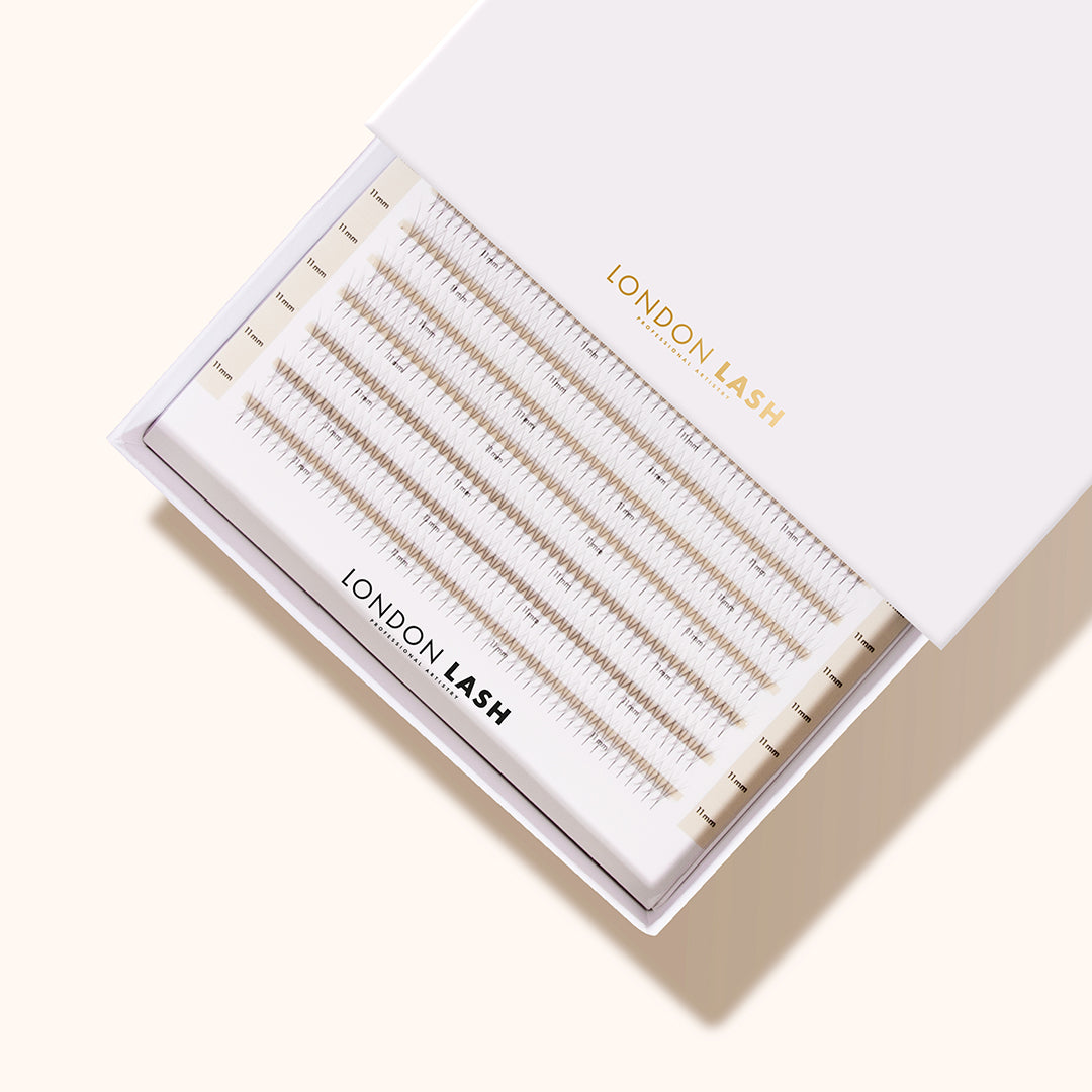 Premade volume lash fans in white box packaging